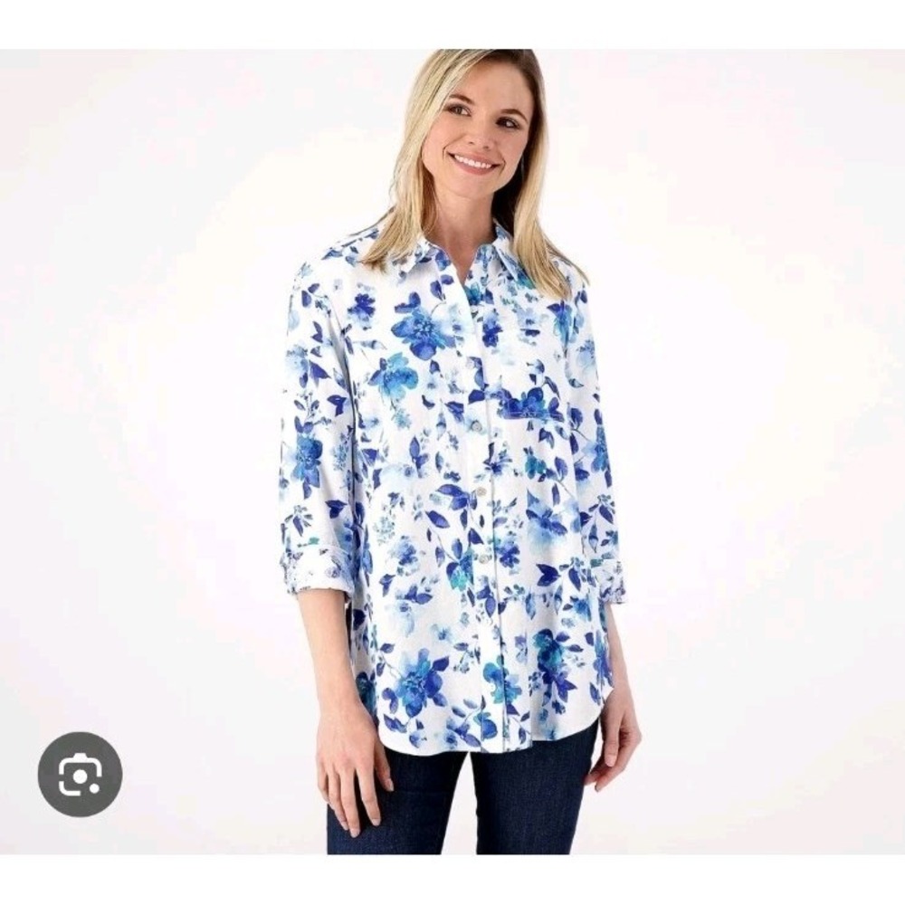 Susan Graver Pure White Blue Floral Linen Blend‎ Coastal Button Up Tunic Size 4X